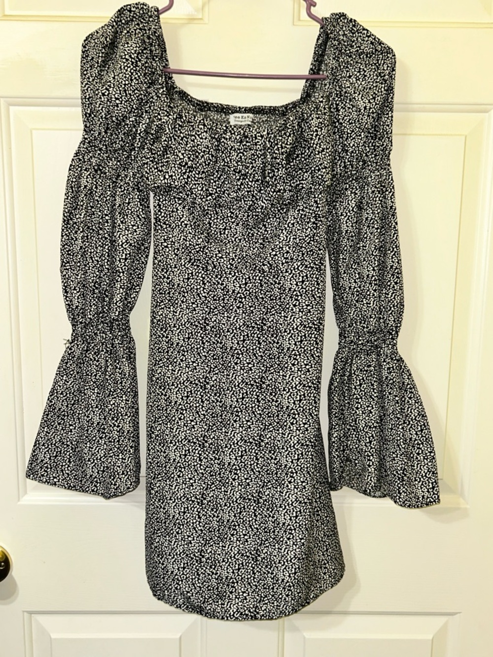 Smocked Square-Neck Long Sleeve Mini Dress in Black and White